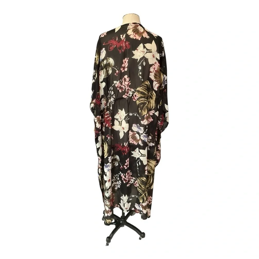 Boho Sheer Black Floral Tie Front Beach Vacation Layer